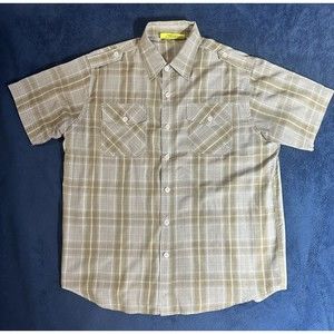 AKADEMIKS SHIRT MENS LARGE SHORT SLEEVE BUTTON UP BROWN PLAID